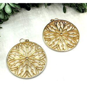 Gold Tone Mandala Drop Earrings With Intricate Cutout Design and Rhinestone Acce